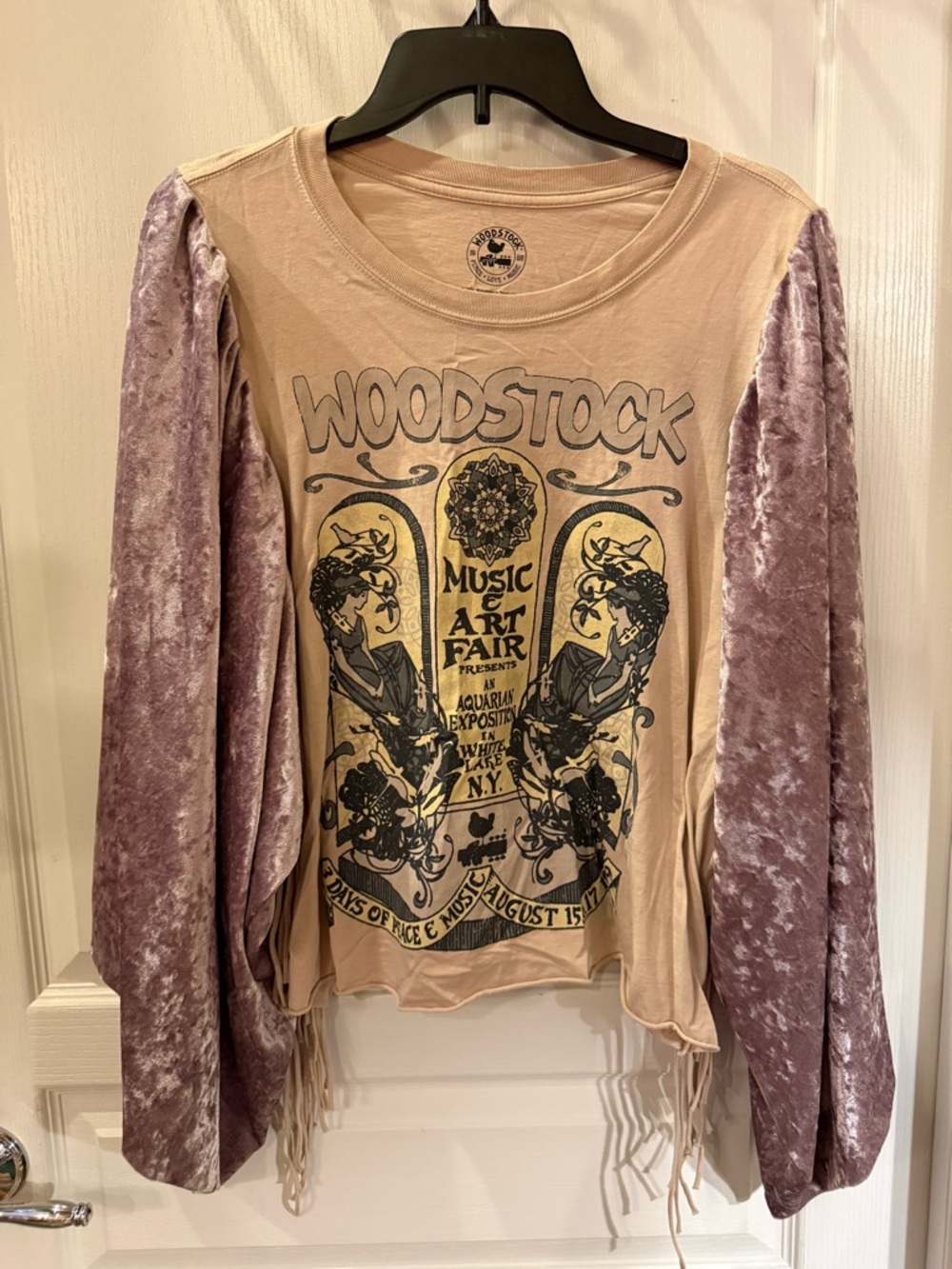 Custom Woodstock Graphic Fringe Top with Velvet Lilac Sleeves
